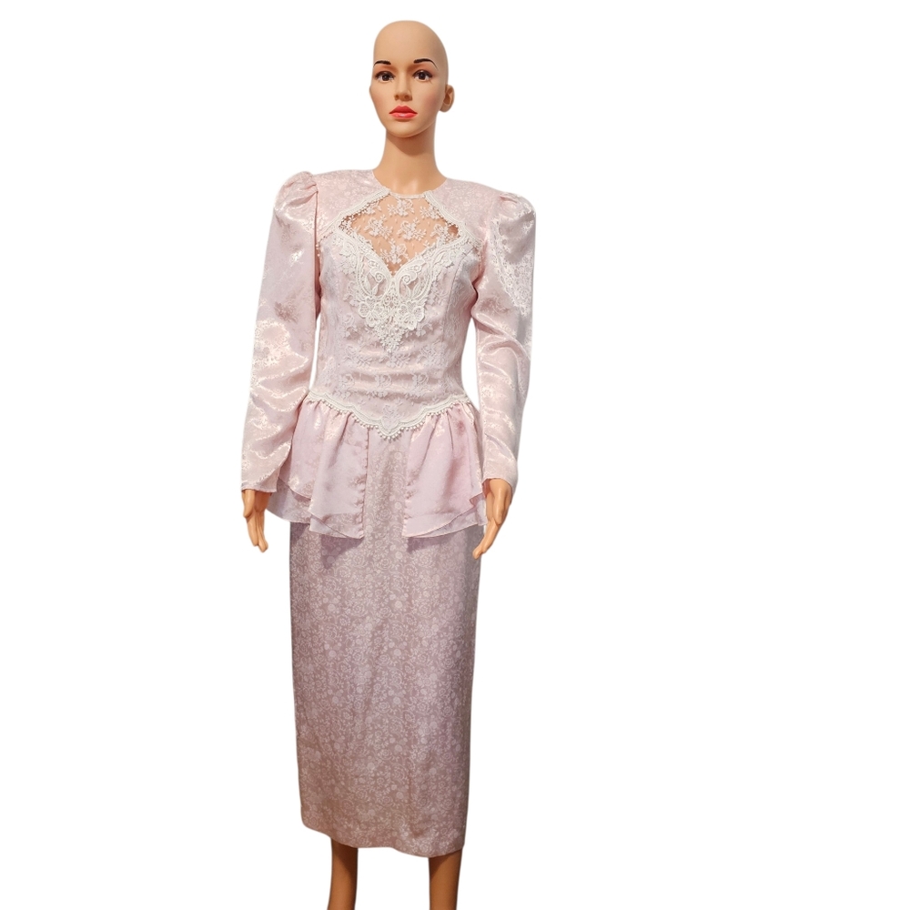 VTG Scott McClintock Gunne Sax-style Pink Brocade/Lace Prairie Cottagecore Dress